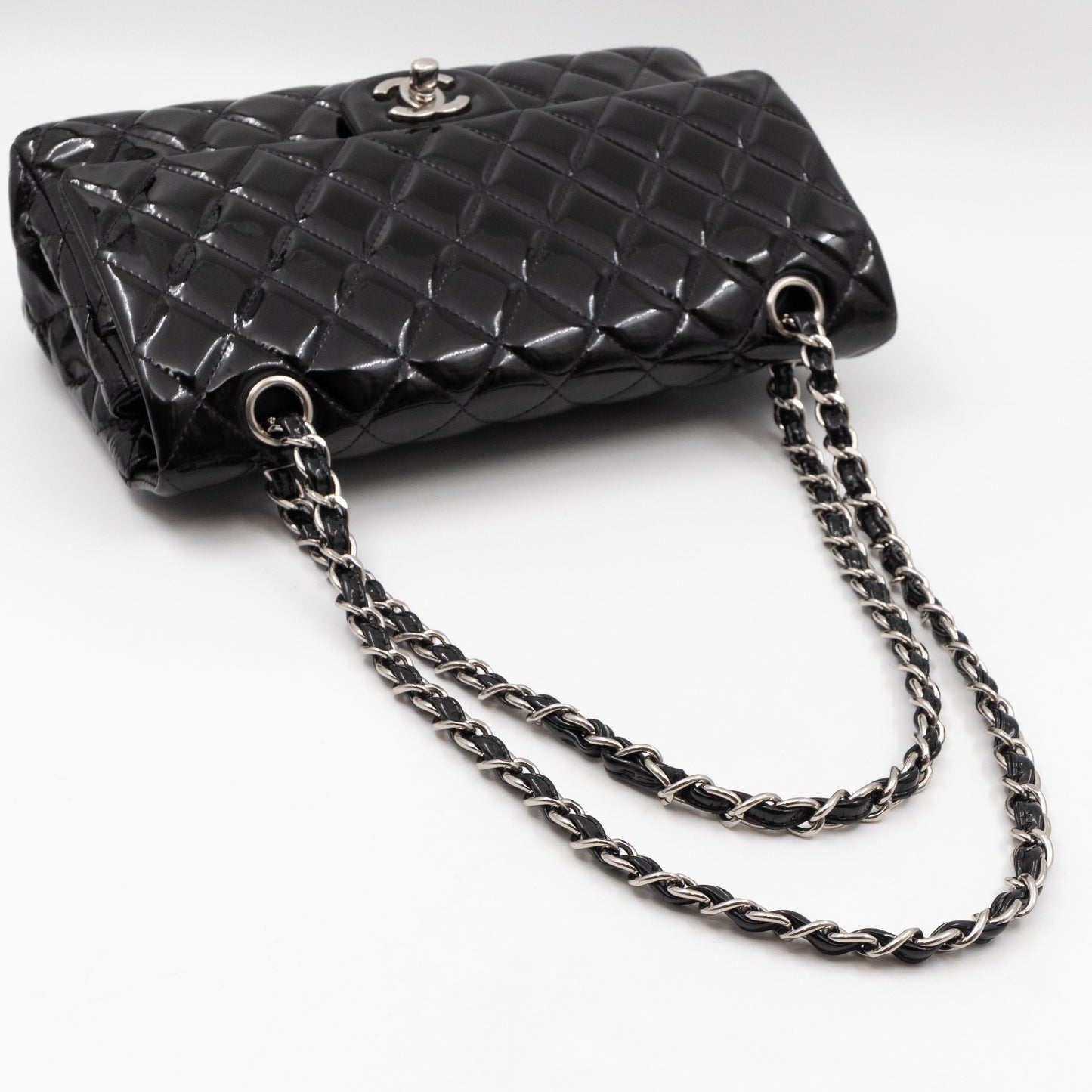 Classic Double Flap Medium Black Patent Leather Silver