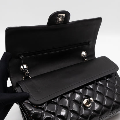 Classic Double Flap Medium Black Patent Leather Silver