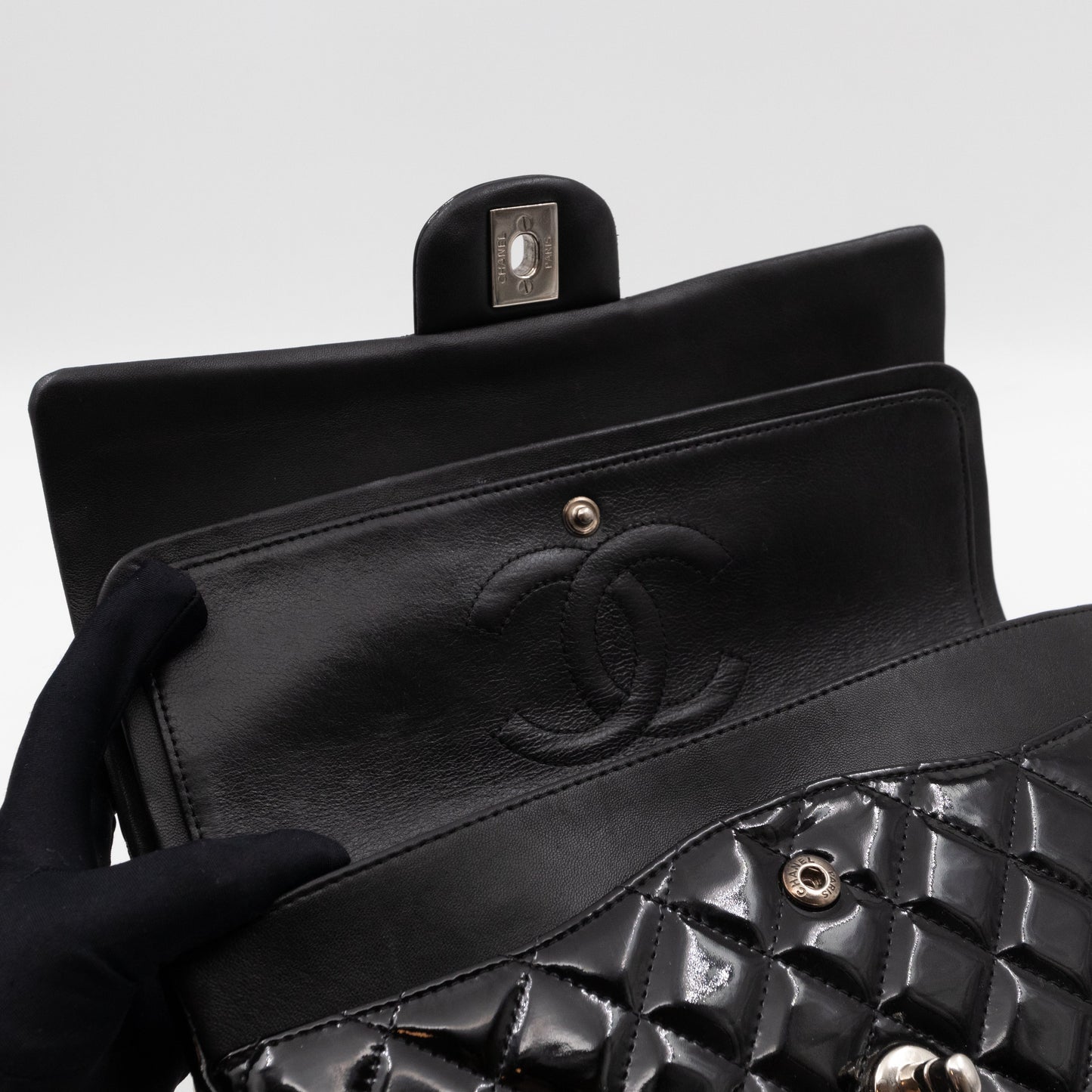 Classic Double Flap Medium Black Patent Leather Silver