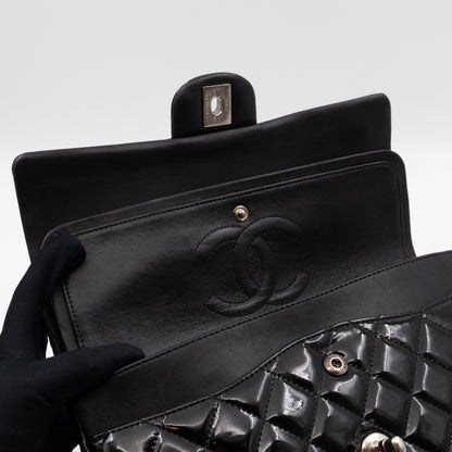 Classic Double Flap Medium Black Patent Leather Silver