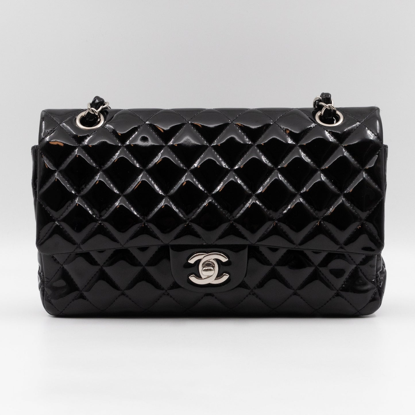 Classic Double Flap Medium Black Patent Leather Silver