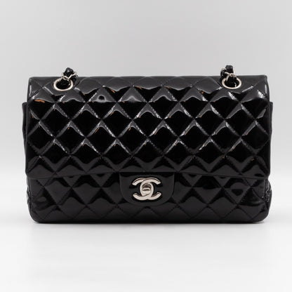 Classic Double Flap Medium Black Patent Leather Silver