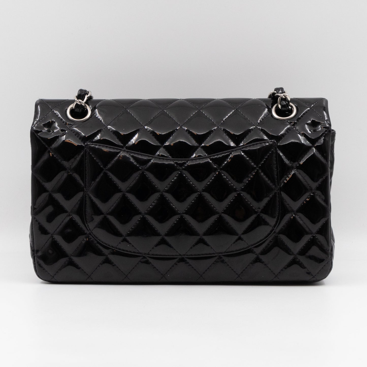 Classic Double Flap Medium Black Patent Leather Silver