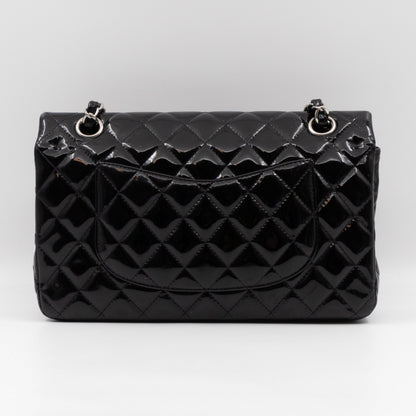 Classic Double Flap Medium Black Patent Leather Silver
