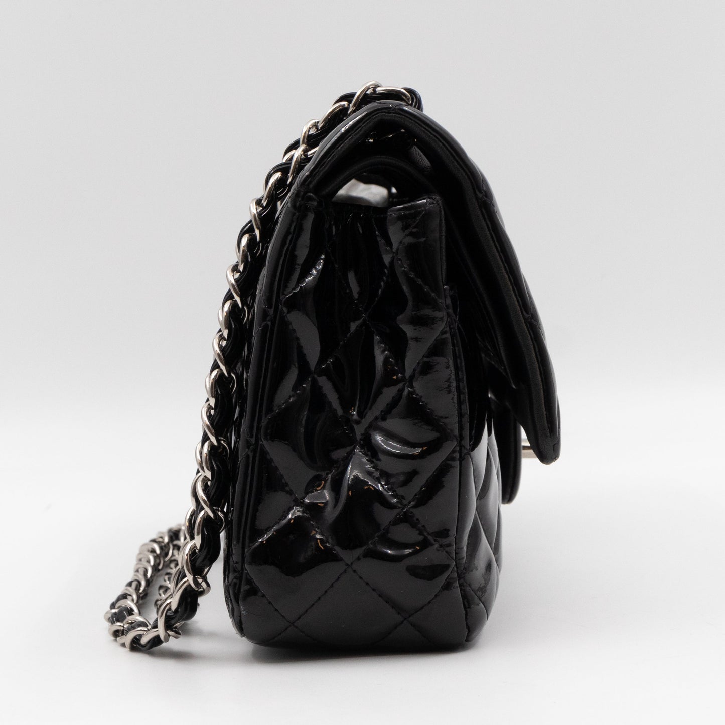 Classic Double Flap Medium Black Patent Leather Silver