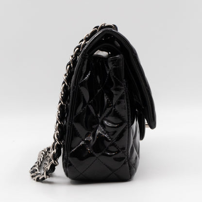 Classic Double Flap Medium Black Patent Leather Silver