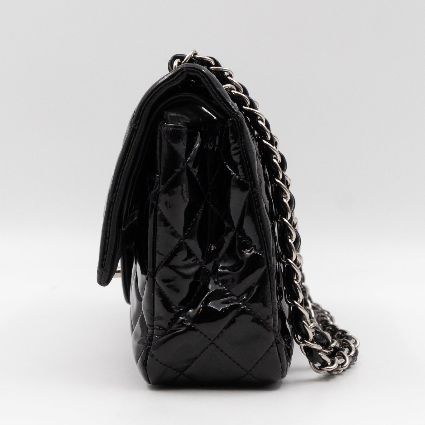 Classic Double Flap Medium Black Patent Leather Silver