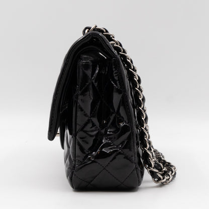 Classic Double Flap Medium Black Patent Leather Silver