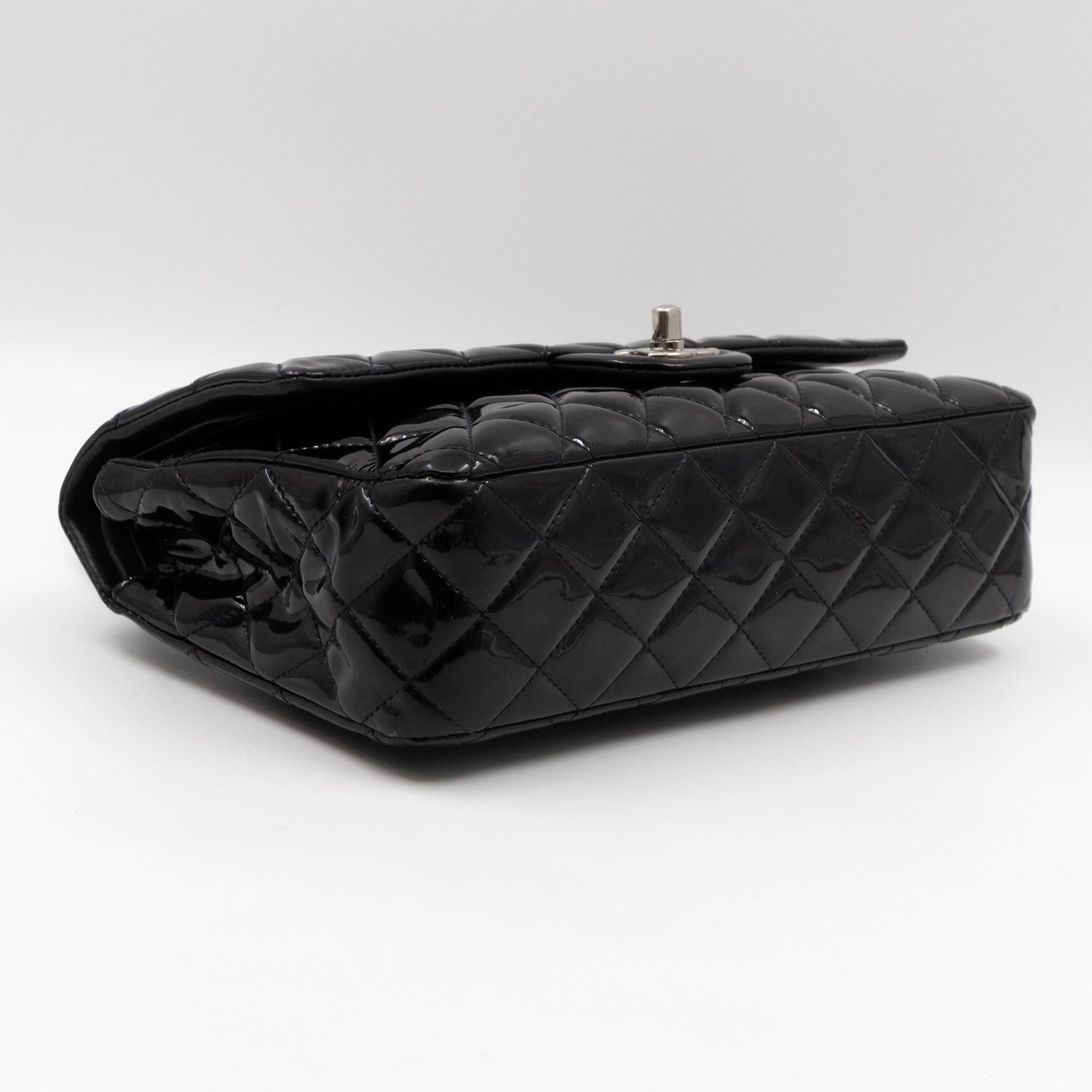 Classic Double Flap Medium Black Patent Leather Silver