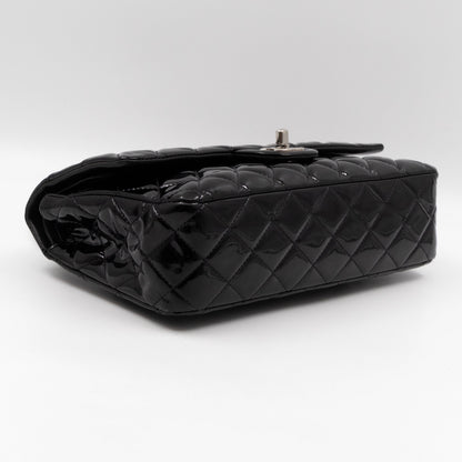 Classic Double Flap Medium Black Patent Leather Silver