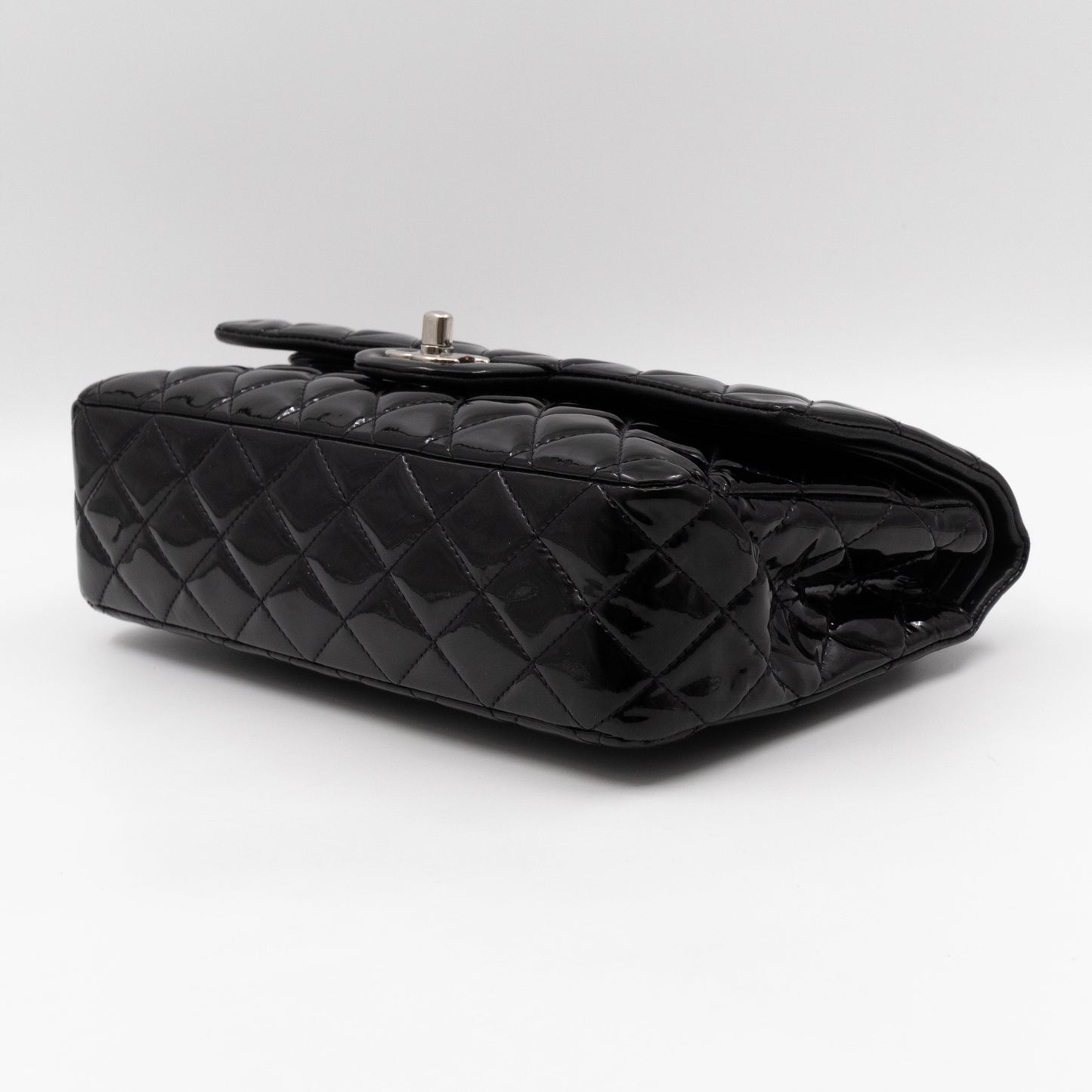 Classic Double Flap Medium Black Patent Leather Silver