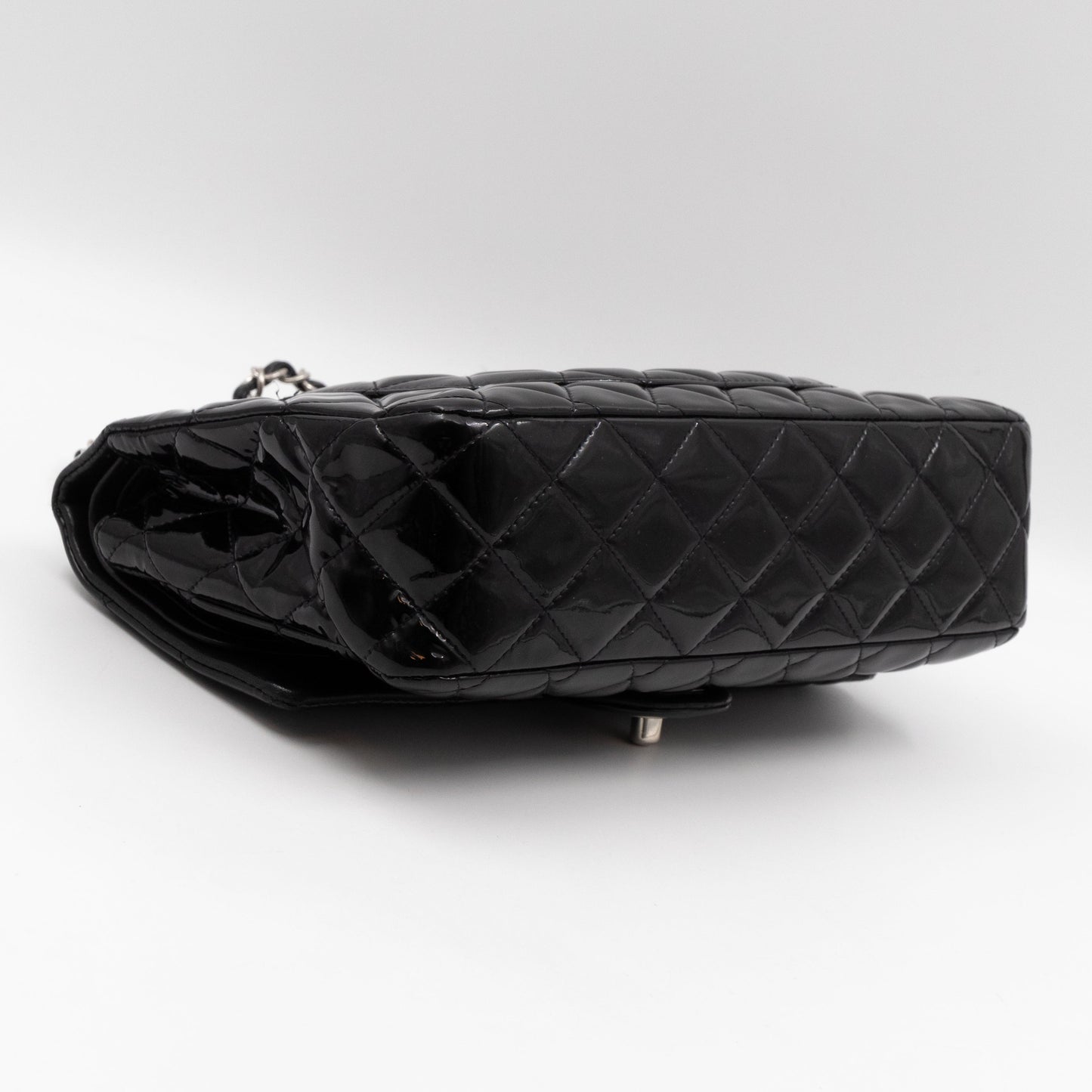 Classic Double Flap Medium Black Patent Leather Silver
