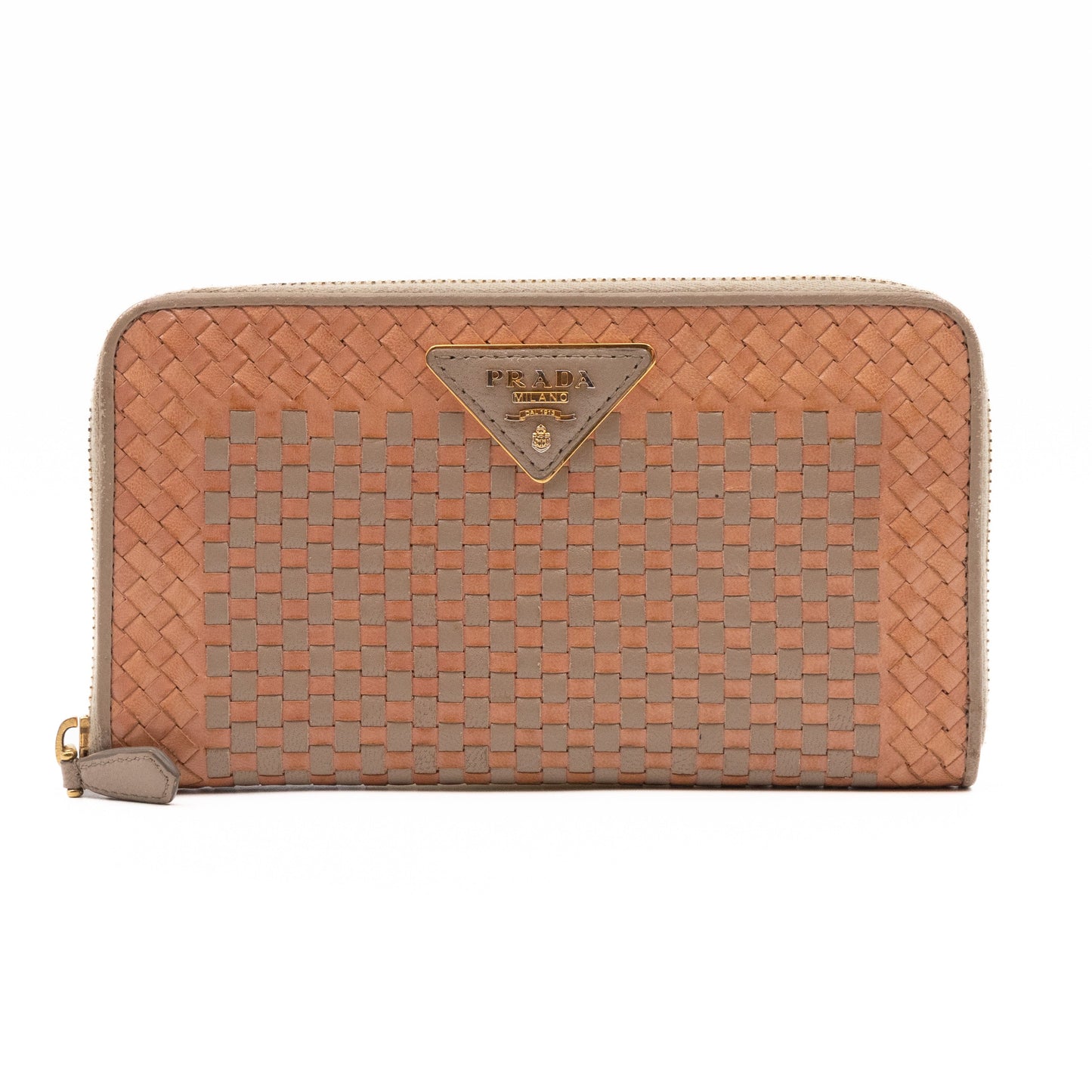 Zip Around Madras Wallet Beige Grey Woven Leather