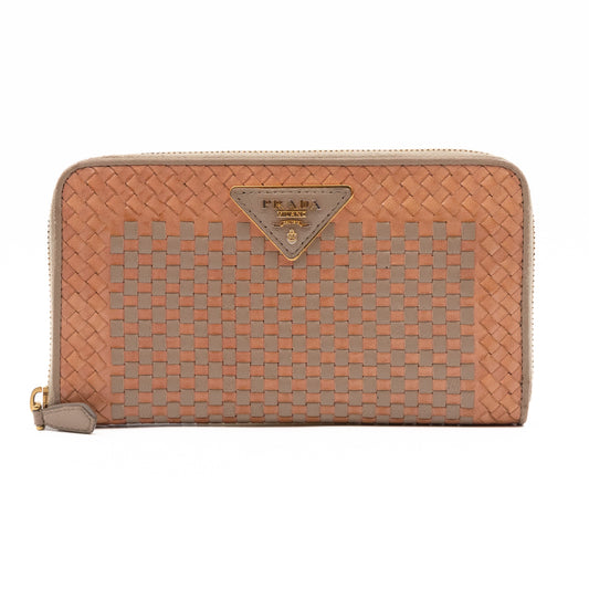 Zip Around Madras Wallet Beige Grey Woven Leather