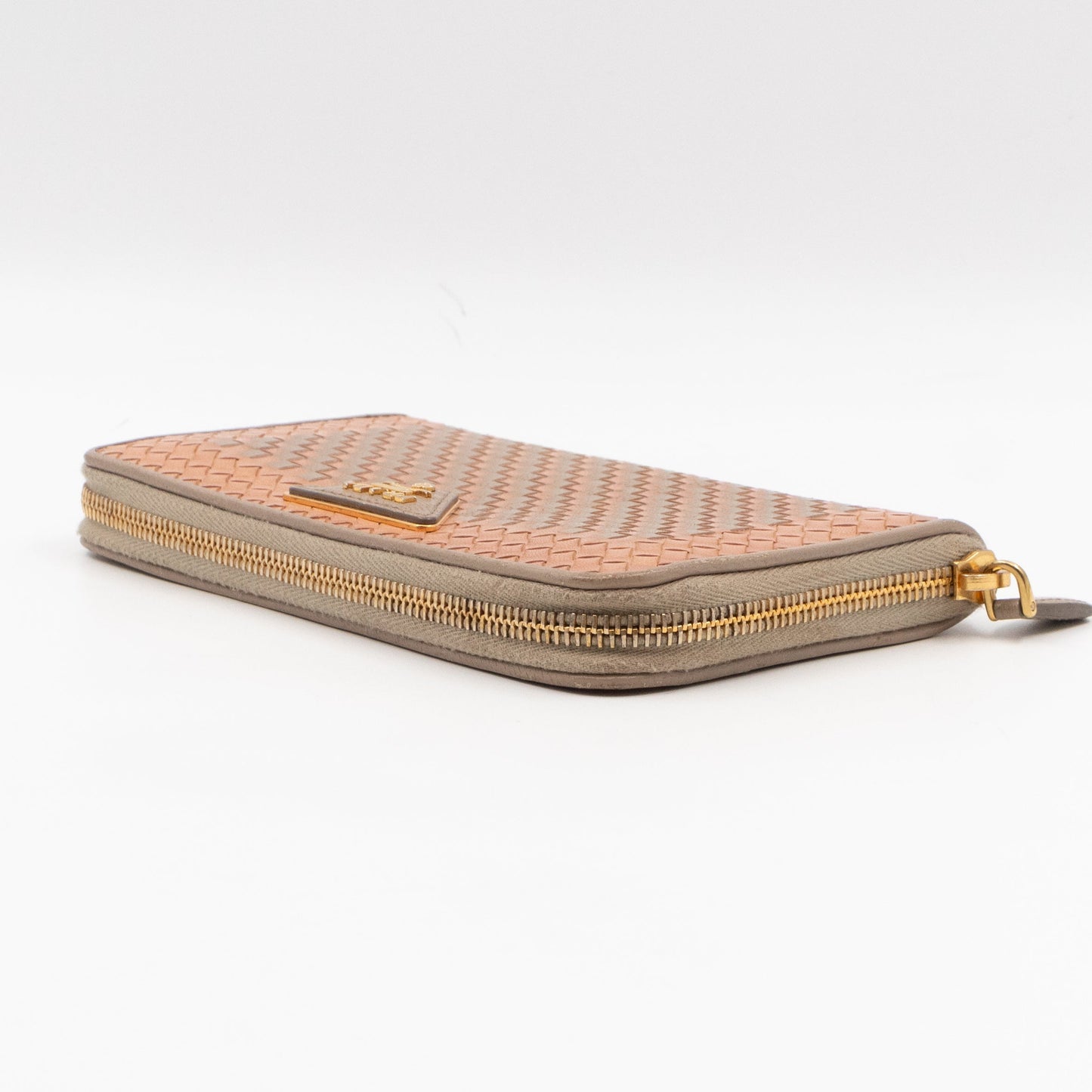 Zip Around Madras Wallet Beige Grey Woven Leather