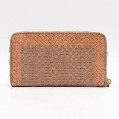 Zip Around Madras Wallet Beige Grey Woven Leather