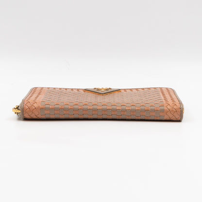 Zip Around Madras Wallet Beige Grey Woven Leather