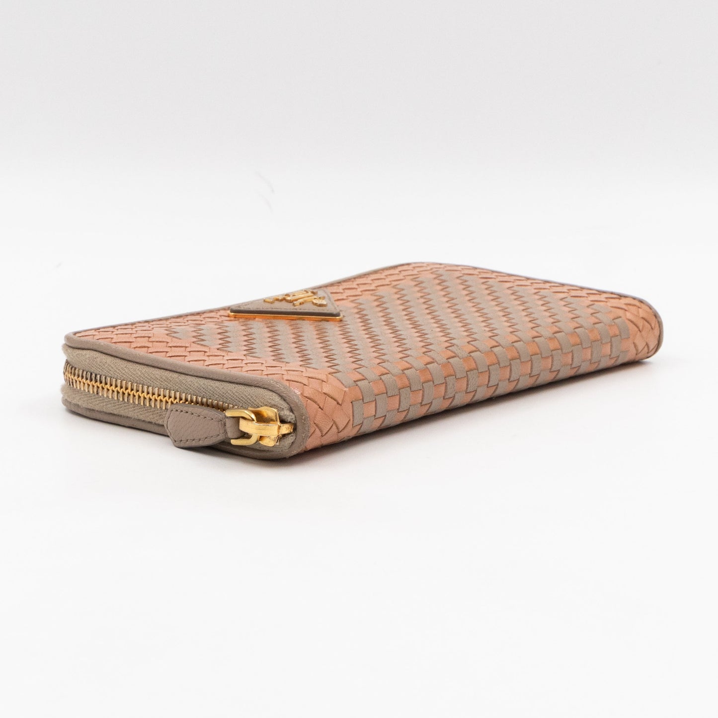 Zip Around Madras Wallet Beige Grey Woven Leather