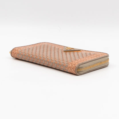 Zip Around Madras Wallet Beige Grey Woven Leather