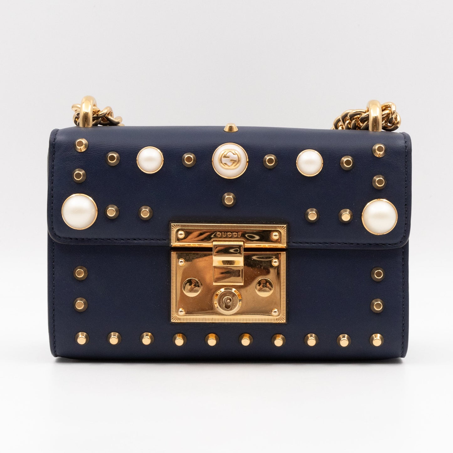 Padlock Small Pearl Studded Navy Blue Leather