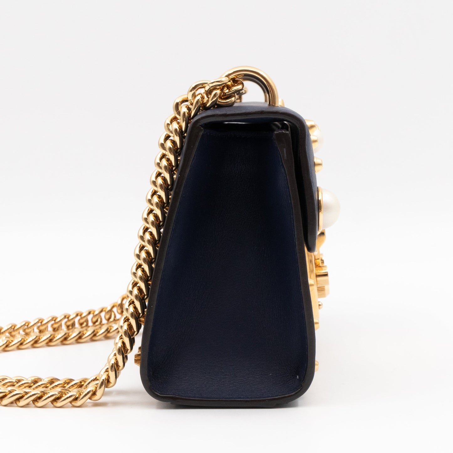 Padlock Small Pearl Studded Navy Blue Leather