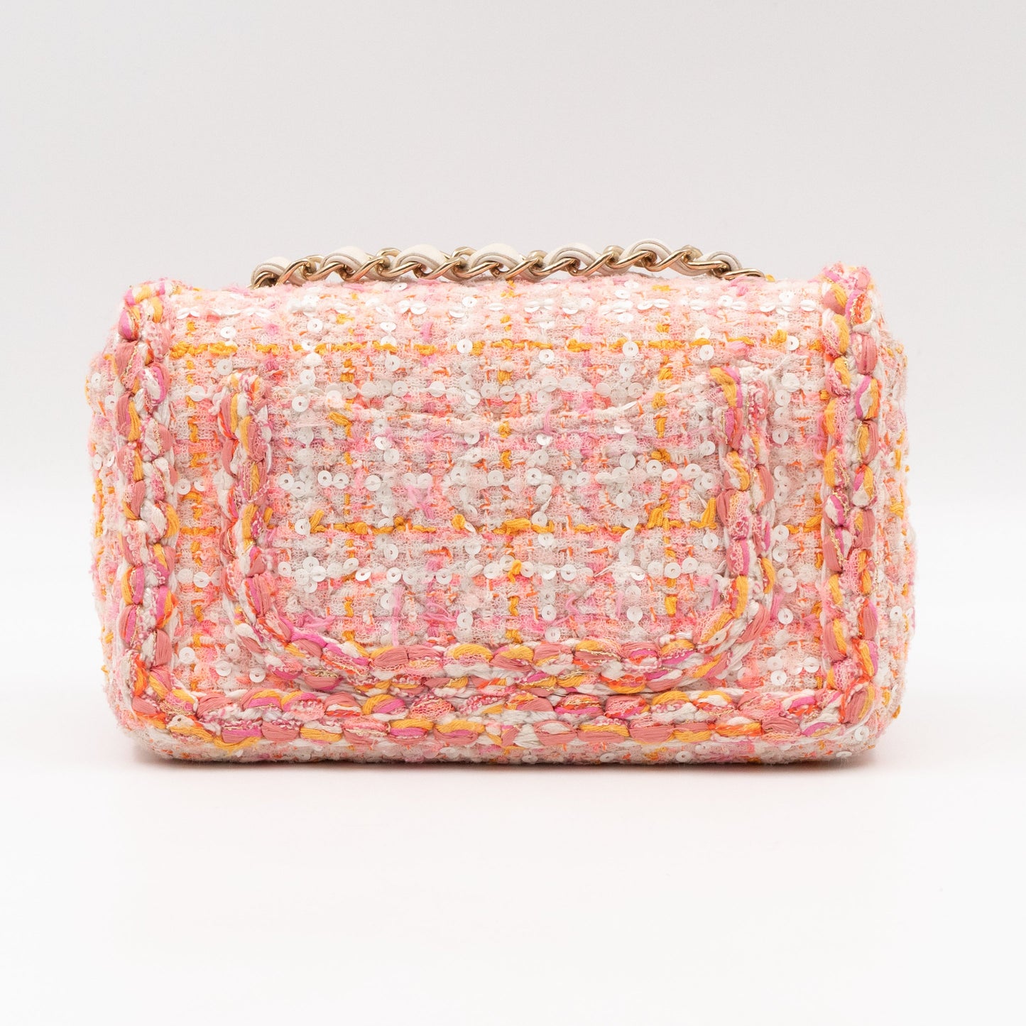 Classic Mini Rectangular Bag Braided Tweed Sequin White Pink