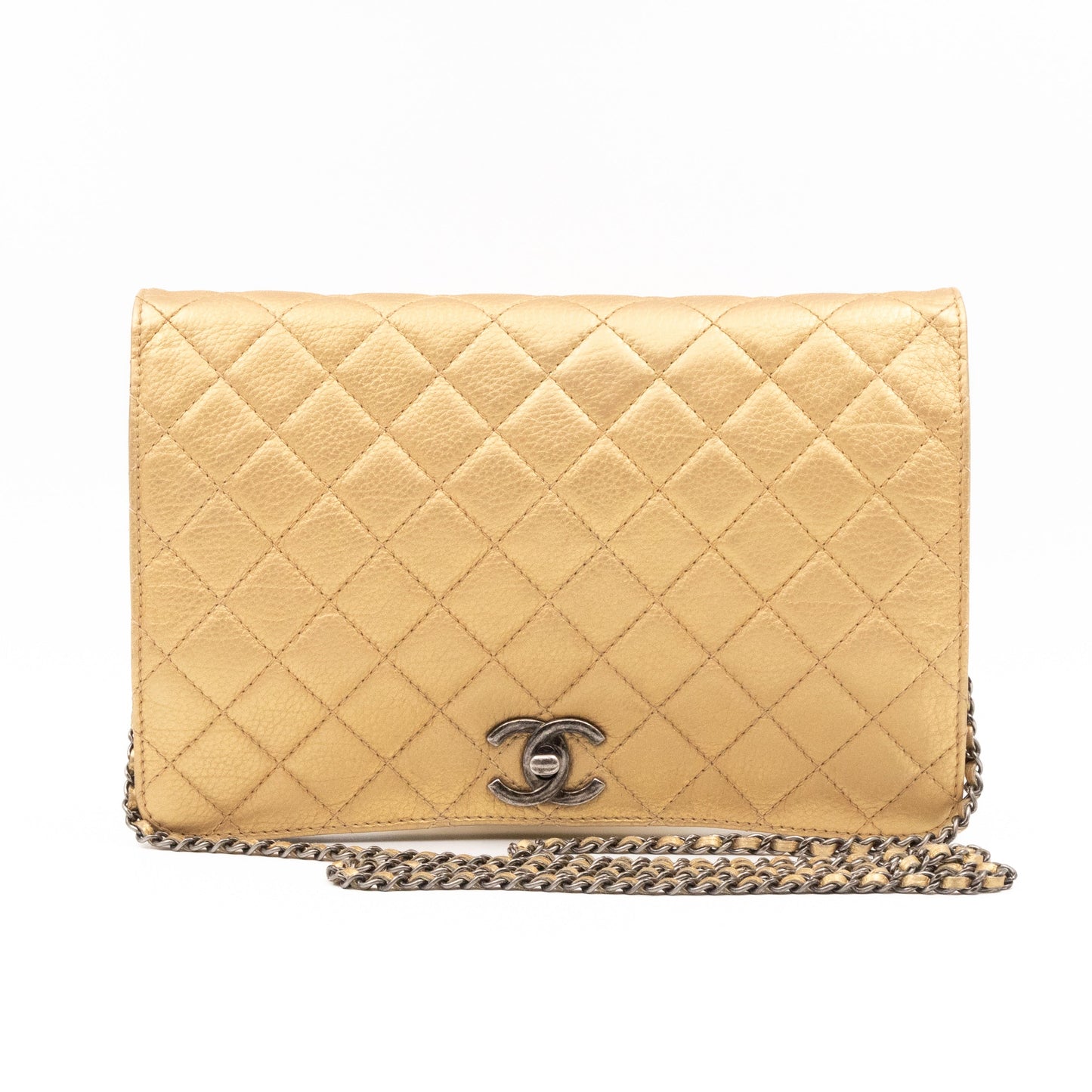 Coco Thin Wallet On Chain Gold Metallic Leather Ruthenium