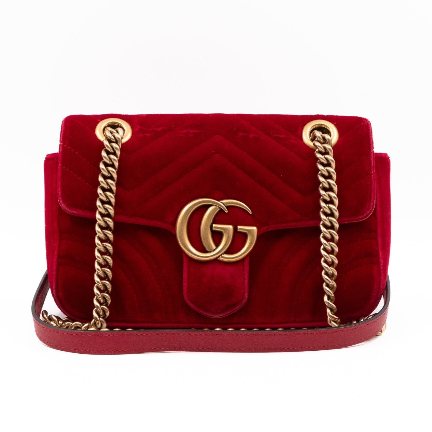 GG Marmont Flap Mini Red Velvet Aged Gold