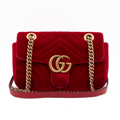 GG Marmont Flap Mini Red Velvet Aged Gold
