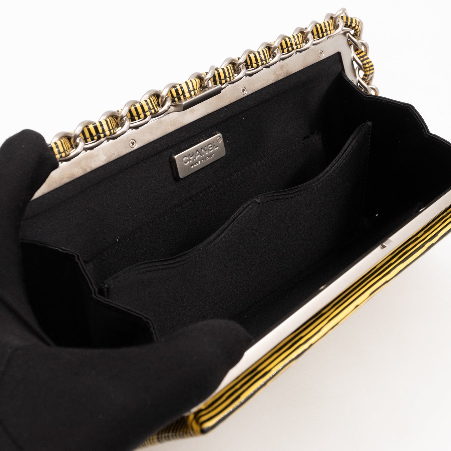 Long Frame Clutch Yellow Striped Patent Leather