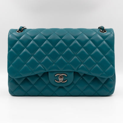 Classic Double Flap Jumbo Turquoise Lambskin Silver