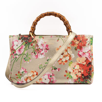 Bamboo Shopper Tote Champagne Leather with Floral Print