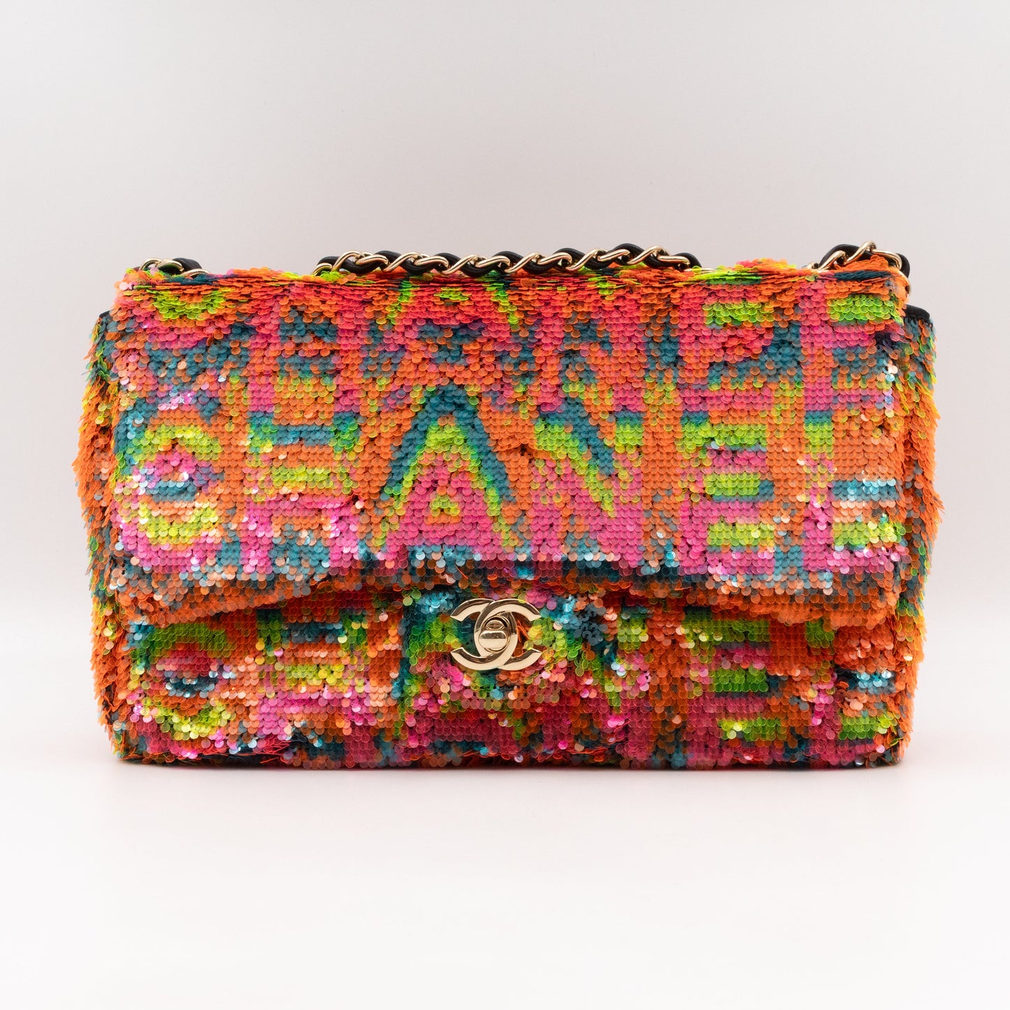 Classic Single Flap Medium Orange Turquoise Pink Sequins
