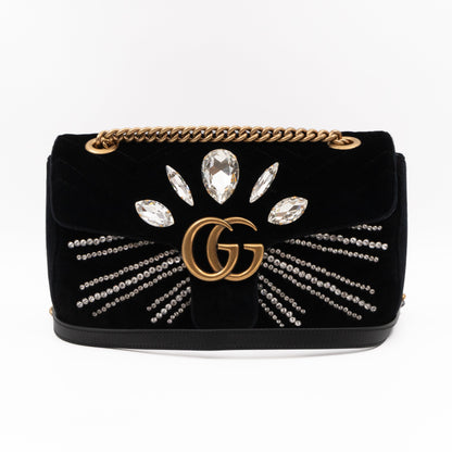 GG Marmont Small Flap Bag Black Velvet Crystals