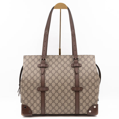 Buckle Travel Tote GG Supreme Canvas Brown Leather