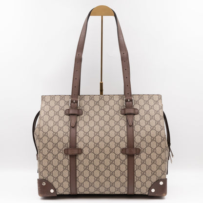 Buckle Travel Tote GG Supreme Canvas Brown Leather