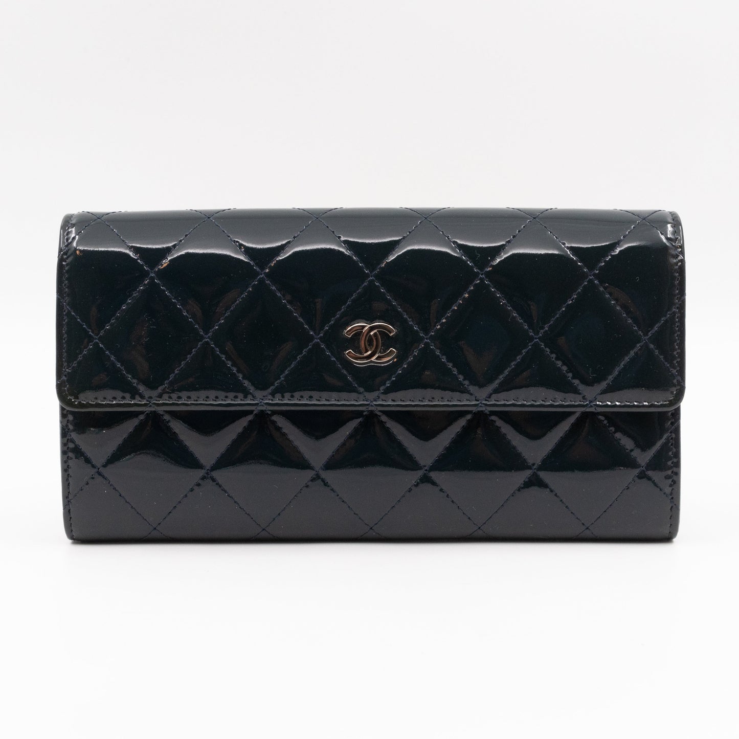 Large Flap Wallet Quilted Navy Patent Leather