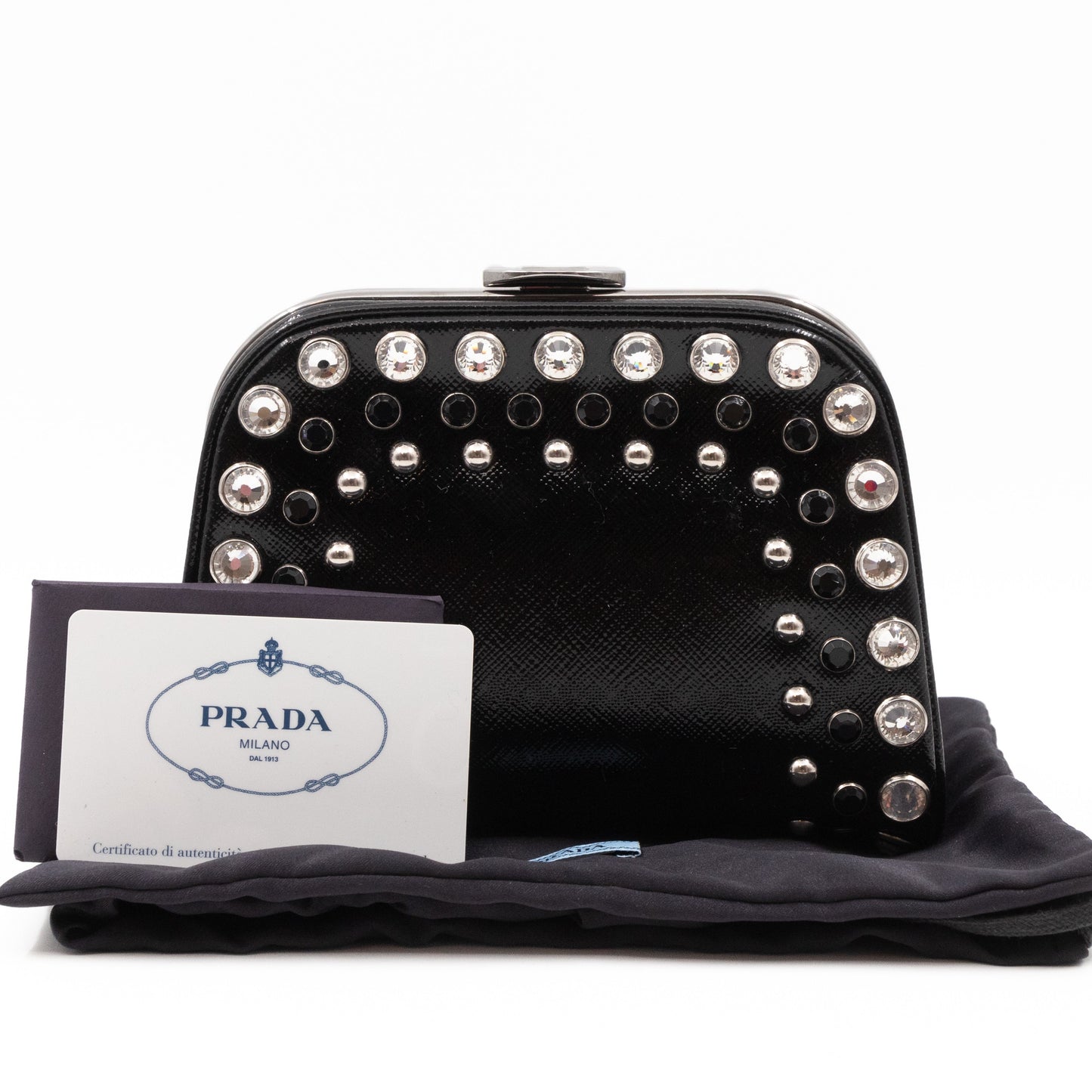 Crystal Studded Pyramid Frame Clutch Black Saffiano Vernice