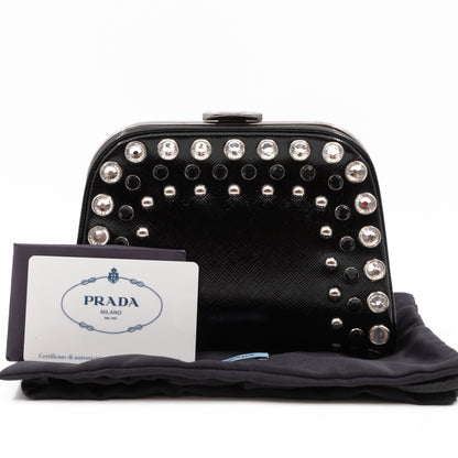 Crystal Studded Pyramid Frame Clutch Black Saffiano Vernice