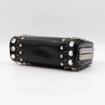 Crystal Studded Pyramid Frame Clutch Black Saffiano Vernice