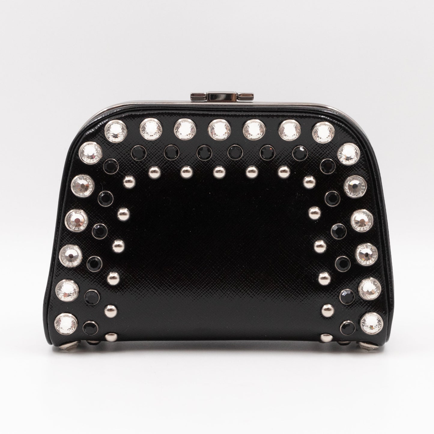 Crystal Studded Pyramid Frame Clutch Black Saffiano Vernice