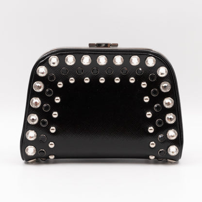 Crystal Studded Pyramid Frame Clutch Black Saffiano Vernice