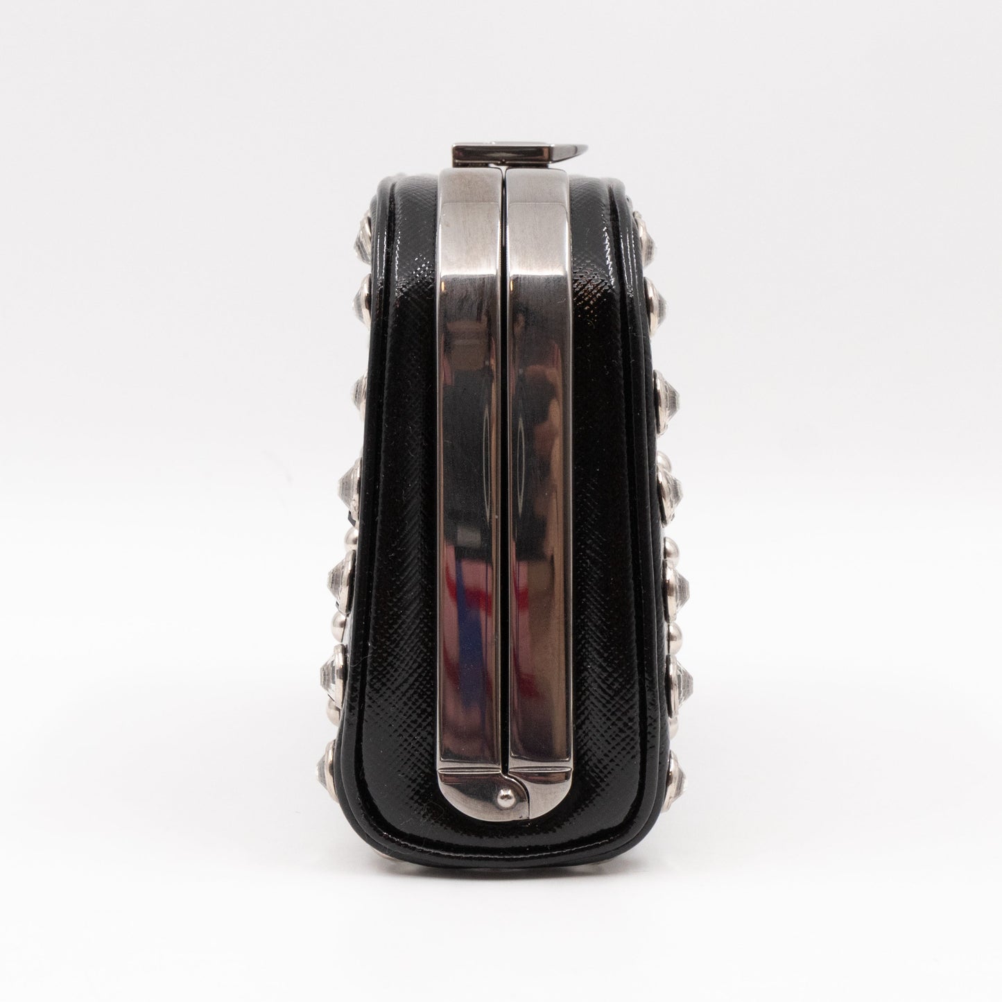 Crystal Studded Pyramid Frame Clutch Black Saffiano Vernice