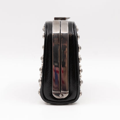 Crystal Studded Pyramid Frame Clutch Black Saffiano Vernice