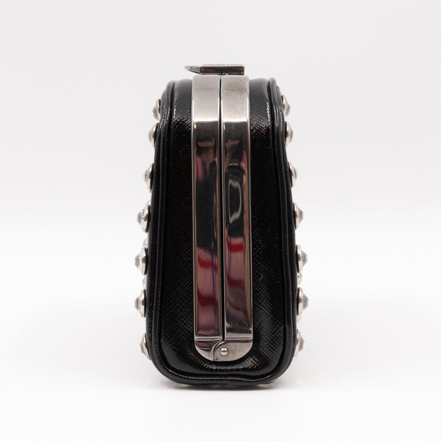 Crystal Studded Pyramid Frame Clutch Black Saffiano Vernice