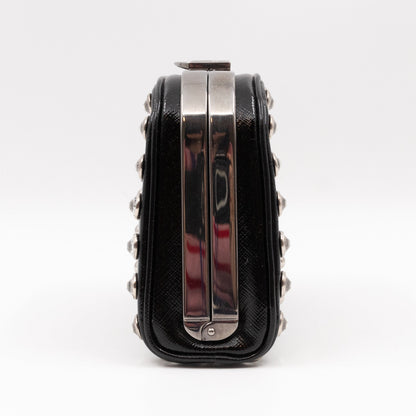 Crystal Studded Pyramid Frame Clutch Black Saffiano Vernice