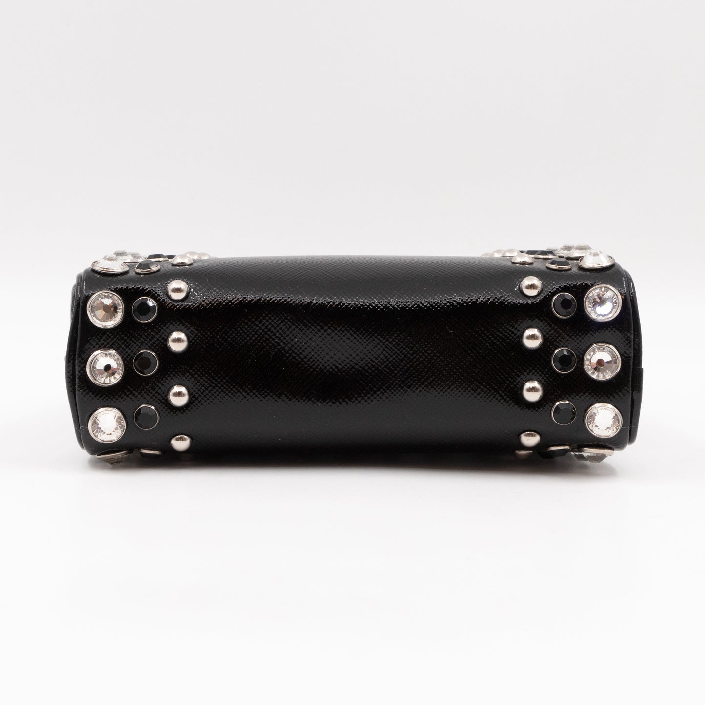Crystal Studded Pyramid Frame Clutch Black Saffiano Vernice