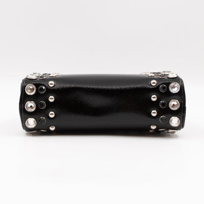 Crystal Studded Pyramid Frame Clutch Black Saffiano Vernice