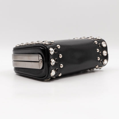 Crystal Studded Pyramid Frame Clutch Black Saffiano Vernice