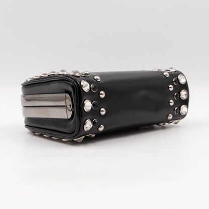 Crystal Studded Pyramid Frame Clutch Black Saffiano Vernice